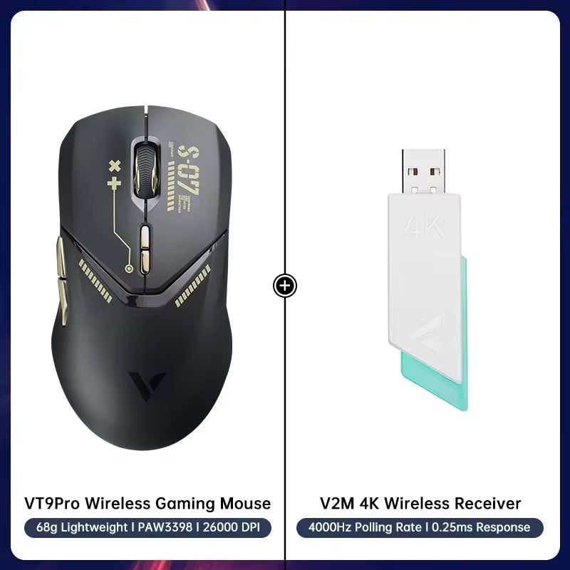 VT9PRO PAW3398 Wireless Gaming Mouse 68G Wired Programmable Ergonomic Mice 26000DPI Type C Rechargeable Pc Gamer Accessory