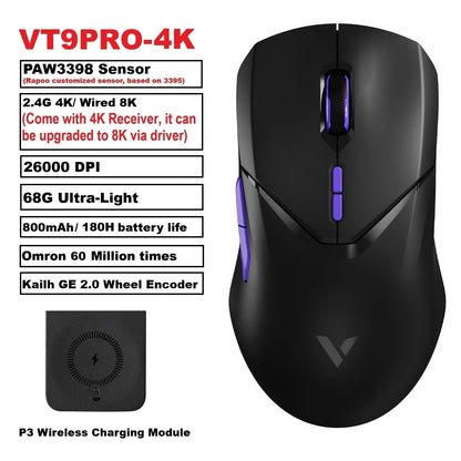 VT9PRO PAW3398 Wireless Gaming Mouse 68G Wired Programmable Ergonomic Mice 26000DPI Type C Rechargeable Pc Gamer Accessory