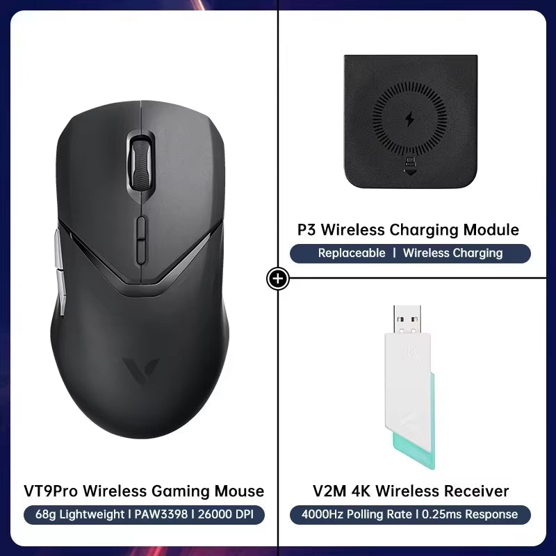 VT9PRO PAW3398 Wireless Gaming Mouse 68G Wired Programmable Ergonomic Mice 26000DPI Type C Rechargeable Pc Gamer Accessory