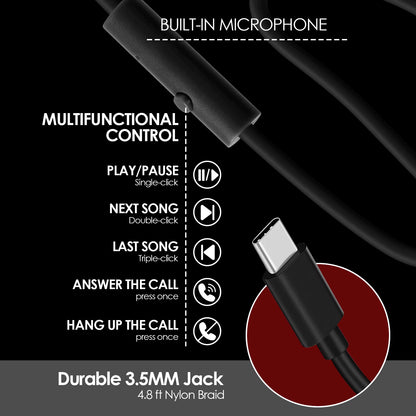 926B-W On-Ear Headphones with Microphone with 1.45M-Tangle-Free Nylon Line Type C Plug Foldable Portable Wired Headphone